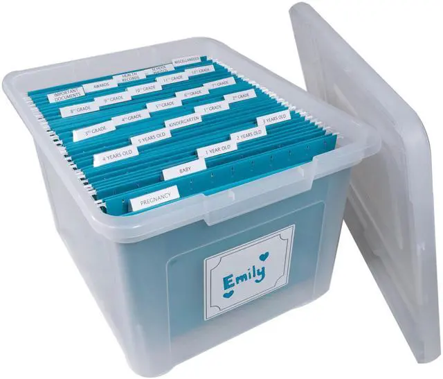 Main image of Kid's Craft Memory Keepsake Organizer Box - Clear Storage Latching Bin with Hanging File Folders and Custom Tab Inserts (Teal)