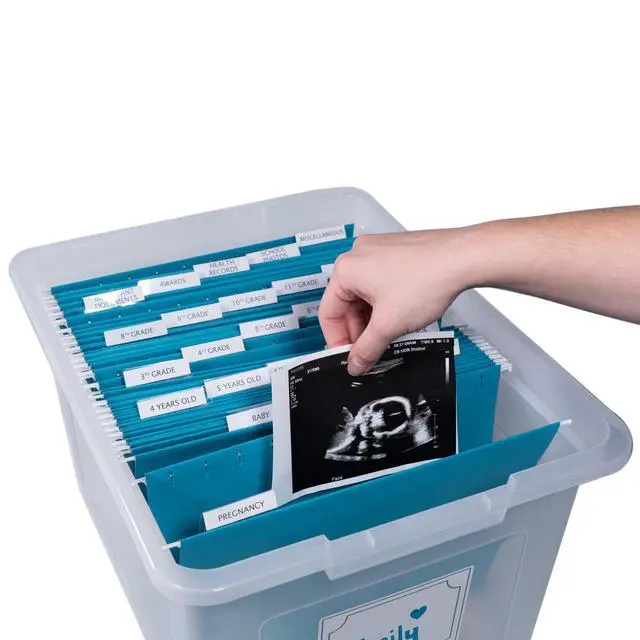 Alt view image 2 of 6 - Kid's Craft Memory Keepsake Organizer Box - Clear Storage Latching Bin with Hanging File Folders and Custom Tab Inserts (Teal)