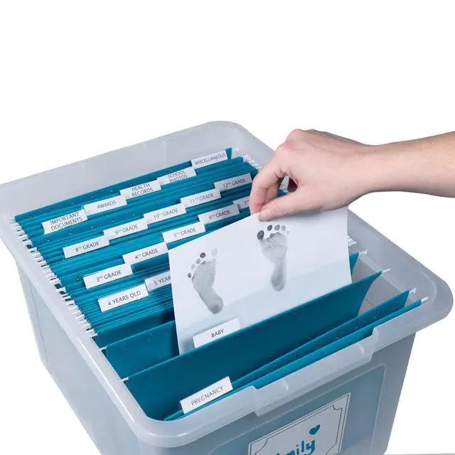 Alt view image 4 of 6 - Kid's Craft Memory Keepsake Organizer Box - Clear Storage Latching Bin with Hanging File Folders and Custom Tab Inserts (Teal)