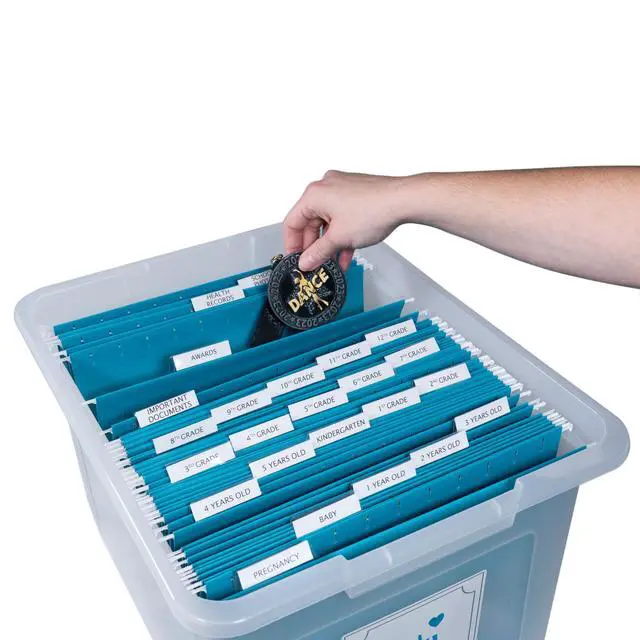 Alt view image 5 of 6 - Kid's Craft Memory Keepsake Organizer Box - Clear Storage Latching Bin with Hanging File Folders and Custom Tab Inserts (Teal)
