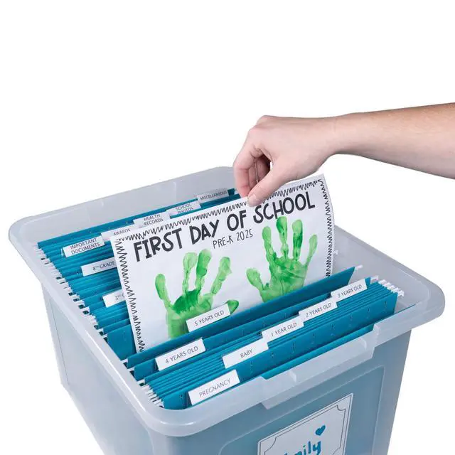 Alt view image 6 of 6 - Kid's Craft Memory Keepsake Organizer Box - Clear Storage Latching Bin with Hanging File Folders and Custom Tab Inserts (Teal)