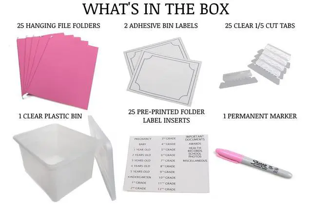 Alt view image 2 of 6 - Kid's Craft Memory Keepsake Organizer Box - Clear Storage Latching Bin with Hanging File Folders and Custom Tab Inserts (Pink)