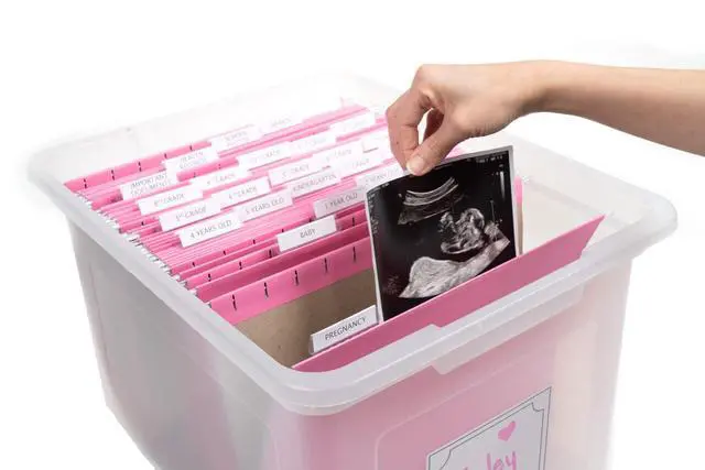 Alt view image 3 of 6 - Kid's Craft Memory Keepsake Organizer Box - Clear Storage Latching Bin with Hanging File Folders and Custom Tab Inserts (Pink)