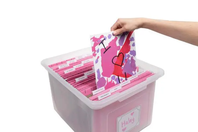 Alt view image 5 of 6 - Kid's Craft Memory Keepsake Organizer Box - Clear Storage Latching Bin with Hanging File Folders and Custom Tab Inserts (Pink)