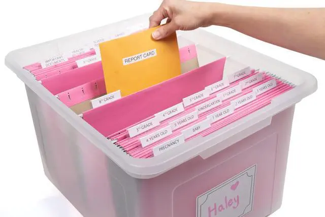 Alt view image 6 of 6 - Kid's Craft Memory Keepsake Organizer Box - Clear Storage Latching Bin with Hanging File Folders and Custom Tab Inserts (Pink)