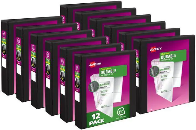 Main image of Durable View 3 Ring Binders, 1.5 Inch Slant Rings, 375-Sheet Capacity, DuraHinge, 2.1 Inch Wide Spines, Customizable Clear Covers and Spines, Black Binders (12-Pack of 17021)