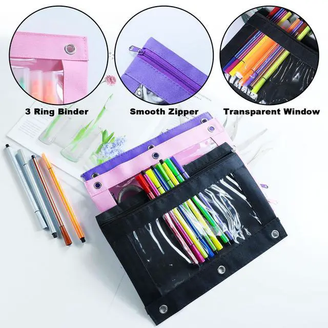 Alt view image 3 of 6 - 60 Pack Pencil Pouch for 3 Ring Binder, Pencil Case with Smooth Zipper Bulk, Clear Window Pencil Bag for School, Office, Jewelry, and Cosmetic, Black