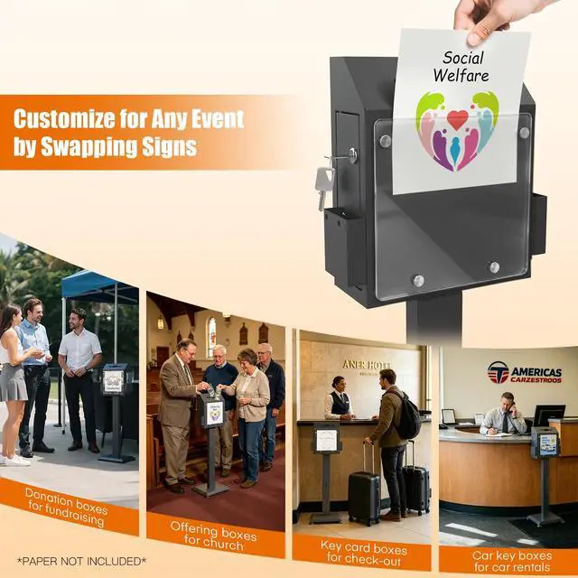 Alt view image 3 of 6 - Suggestion Box with Stand,Black Donation Boxes for Fundraising,Heavy Duty Metal Floor Standing Ballot Box with Lock and Keys,Ideal for Voting, Donation and Church Election