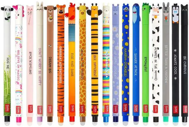 Main image of Set of 18 Erasable Gel Pens with Thermosensitive Erase Ink, Range of ink colours & barrel designs, 0.7mm Tip, Animal Designs, Chicken, Pig, Donkey, Cow etc