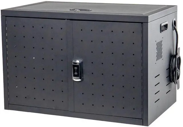 Main image of 16 Device Portable Table Top Charging and Storage Cabinet for iPads, Chromebooks and Laptop Computers, Up to 17-inch Screen Size, Bonus Shelf, Side Handles, Locking Front Door, Cable Clips