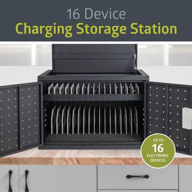Alt view image 2 of 6 - 16 Device Portable Table Top Charging and Storage Cabinet for iPads, Chromebooks and Laptop Computers, Up to 17-inch Screen Size, Bonus Shelf, Side Handles, Locking Front Door, Cable Clips
