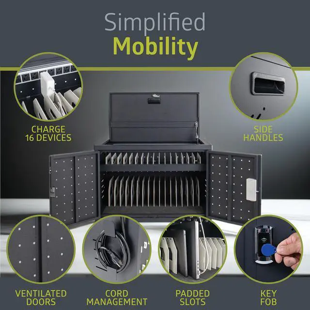 Alt view image 3 of 6 - 16 Device Portable Table Top Charging and Storage Cabinet for iPads, Chromebooks and Laptop Computers, Up to 17-inch Screen Size, Bonus Shelf, Side Handles, Locking Front Door, Cable Clips