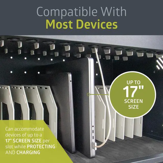 Alt view image 5 of 6 - 16 Device Portable Table Top Charging and Storage Cabinet for iPads, Chromebooks and Laptop Computers, Up to 17-inch Screen Size, Bonus Shelf, Side Handles, Locking Front Door, Cable Clips