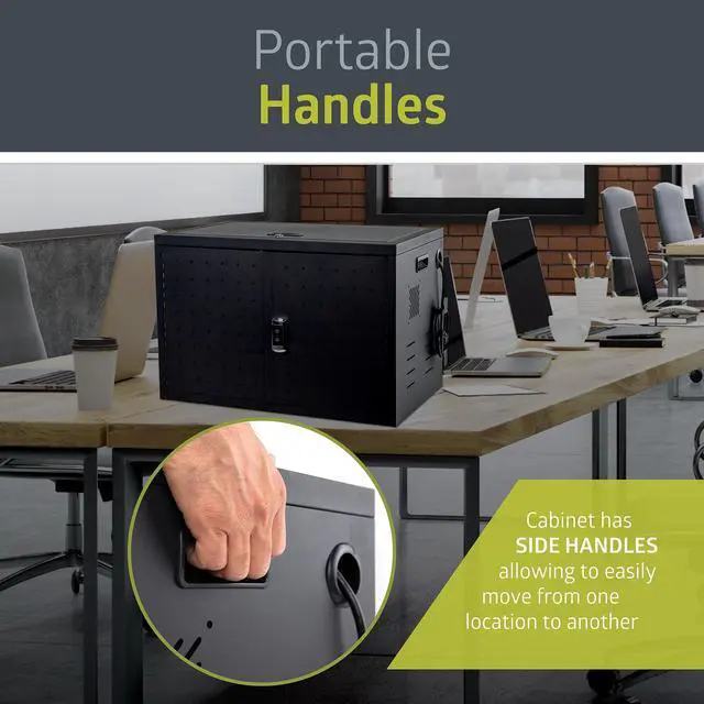Alt view image 6 of 6 - 16 Device Portable Table Top Charging and Storage Cabinet for iPads, Chromebooks and Laptop Computers, Up to 17-inch Screen Size, Bonus Shelf, Side Handles, Locking Front Door, Cable Clips