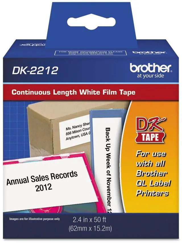 Main image of Genuine DK-2212 Continuous Length Black on White Film Tape for QL Label Printers, 2.4" x 50' (62mm x 15.2M), 1 Roll per Box, DK2212,Black/White