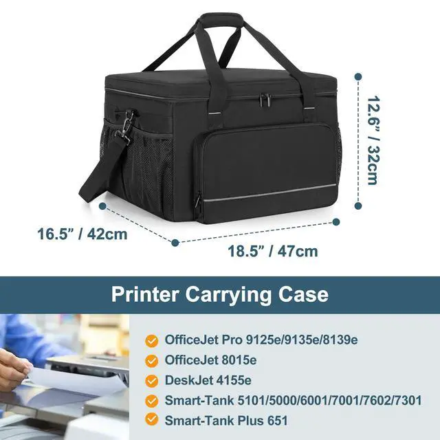 Alt view image 5 of 6 - Printer Carry Case Compatible for HP OfficeJet Pro/DeskJet/Smart-Tank | Padded Office Printer Storage Bag with Thick Base Board and Removable Dividers for Ink, Paper and Office Supplies, Bag Only
