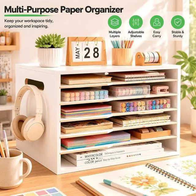 Alt view image 6 of 6 - 13x20 Wooden Construction Paper Organizer,Larger Size Wooden Literature Organizer,7 Tier Construction Paper File Sorter Storage,Large File Suitable for Home,Classroom and Office