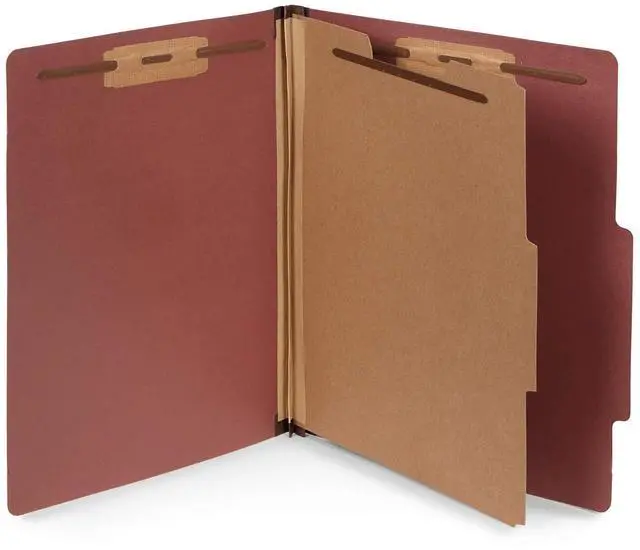 Main image of 30 Brick Red Classification Folders, 1 Divider, Letter | Heavy duty 25pt pressboard, 1 divider, 4 partitions, 2 in expansion, 2 prong, medical, law and office files