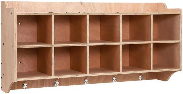 Main image of Cubby Storage Organizer Cubes, Daycare Shelves with 10 Cubbies Shoe Layer with Hooks and Shelf, Hanging Wall Mount, Furniture for Kids Toys, Classroom, 47Inch Width