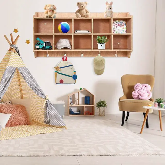 Alt view image 2 of 6 - Cubby Storage Organizer Cubes, Daycare Shelves with 10 Cubbies Shoe Layer with Hooks and Shelf, Hanging Wall Mount, Furniture for Kids Toys, Classroom, 47Inch Width