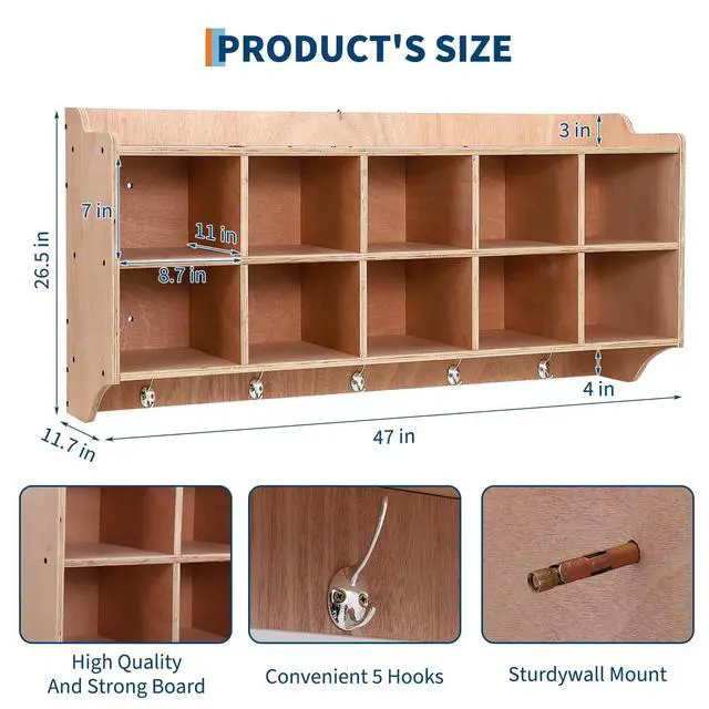 Alt view image 3 of 6 - Cubby Storage Organizer Cubes, Daycare Shelves with 10 Cubbies Shoe Layer with Hooks and Shelf, Hanging Wall Mount, Furniture for Kids Toys, Classroom, 47Inch Width