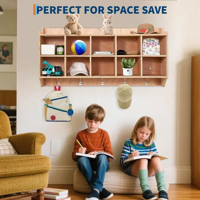 Alt view image 6 of 6 - Cubby Storage Organizer Cubes, Daycare Shelves with 10 Cubbies Shoe Layer with Hooks and Shelf, Hanging Wall Mount, Furniture for Kids Toys, Classroom, 47Inch Width