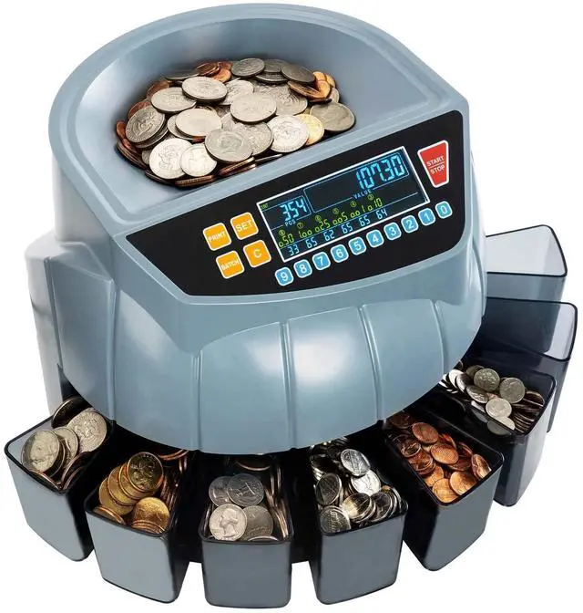 Main image of Coin Counter Machine, Coin Sorter Machine, 1¢, 5¢, 10¢, 25¢, 50¢ and Dollar, 250 Coins/min, Compatible with Printer, Batch Mode Change Counter Machine, 6 Bins and Tubes Roller