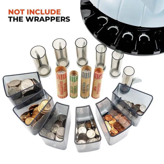 Alt view image 3 of 6 - Coin Counter Machine, Coin Sorter Machine, 1¢, 5¢, 10¢, 25¢, 50¢ and Dollar, 250 Coins/min, Compatible with Printer, Batch Mode Change Counter Machine, 6 Bins and Tubes Roller