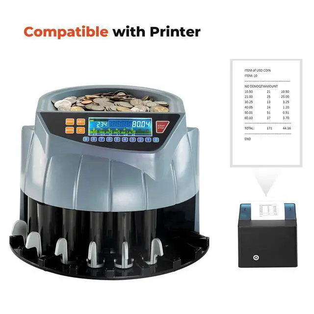 Alt view image 4 of 6 - Coin Counter Machine, Coin Sorter Machine, 1¢, 5¢, 10¢, 25¢, 50¢ and Dollar, 250 Coins/min, Compatible with Printer, Batch Mode Change Counter Machine, 6 Bins and Tubes Roller