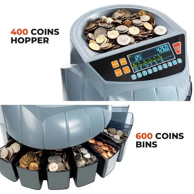 Alt view image 6 of 6 - Coin Counter Machine, Coin Sorter Machine, 1¢, 5¢, 10¢, 25¢, 50¢ and Dollar, 250 Coins/min, Compatible with Printer, Batch Mode Change Counter Machine, 6 Bins and Tubes Roller