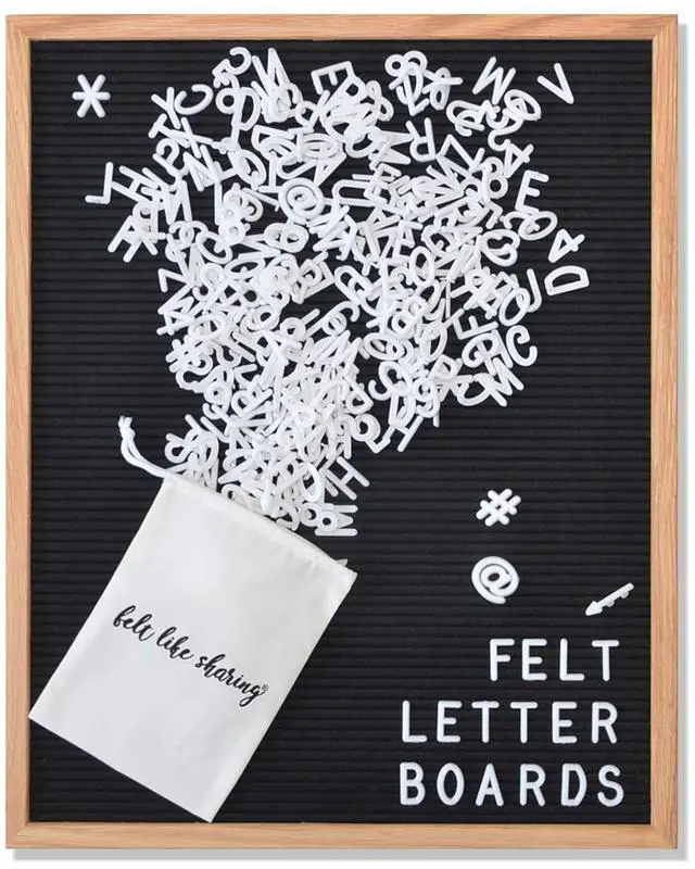 Main image of Black Felt Letter Board 16x20 Inches, Changeable Letter Board Plus 348 White Plastic Letters, Warm Oak Frame Wooden Letter Board w/Sawtooth Wall Hanger + Drawstring Pouch For Letterboard Letters
