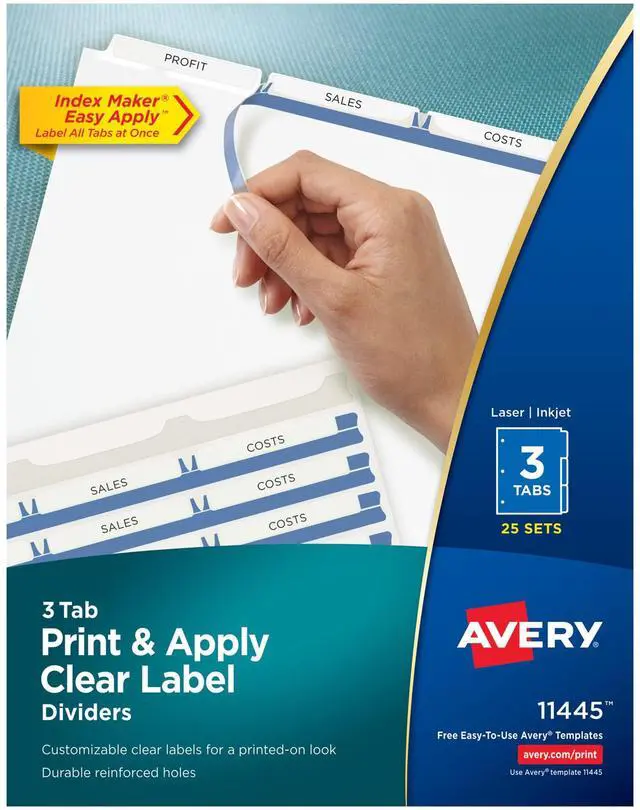 Main image of ® 3-Tab Dividers for 3 Ring Binder, Easy Print & Apply Clear Label Strip, Index Maker® Customizable White Tabs, 25 Sets (11445)