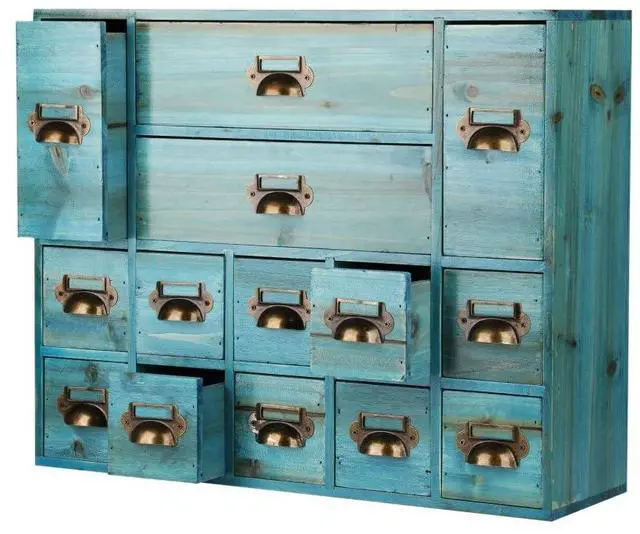 Main image of Apothecary Drawers Card Catalog Cabinet with 14 Drawers Wooden Card Catalog Wooden Storage Box for Desktop Organizer (Blue)