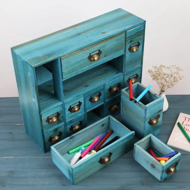 Alt view image 2 of 6 - Apothecary Drawers Card Catalog Cabinet with 14 Drawers Wooden Card Catalog Wooden Storage Box for Desktop Organizer (Blue)