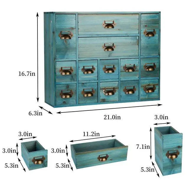 Alt view image 3 of 6 - Apothecary Drawers Card Catalog Cabinet with 14 Drawers Wooden Card Catalog Wooden Storage Box for Desktop Organizer (Blue)