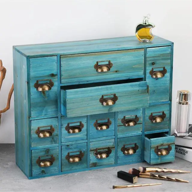 Alt view image 4 of 6 - Apothecary Drawers Card Catalog Cabinet with 14 Drawers Wooden Card Catalog Wooden Storage Box for Desktop Organizer (Blue)