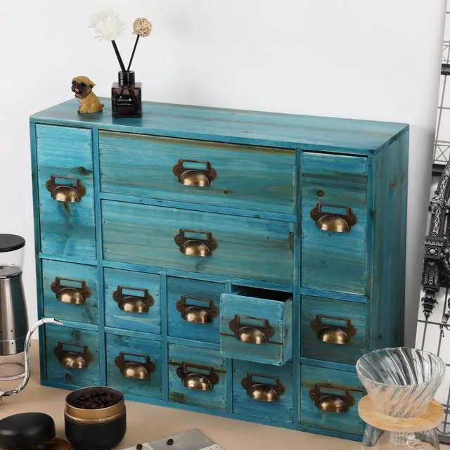 Alt view image 5 of 6 - Apothecary Drawers Card Catalog Cabinet with 14 Drawers Wooden Card Catalog Wooden Storage Box for Desktop Organizer (Blue)