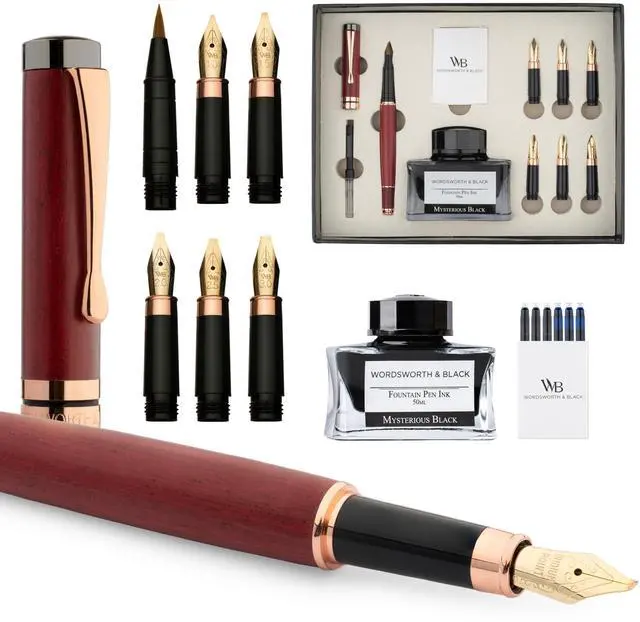 Main image of Luxury Bamboo Violet Calligraphy Pen Set, 6 Nibs | Fountain Ink Bottle, Cartridges, Refill Converter, Gift for Men, Women, Smooth Writing, Journaling, Lettering