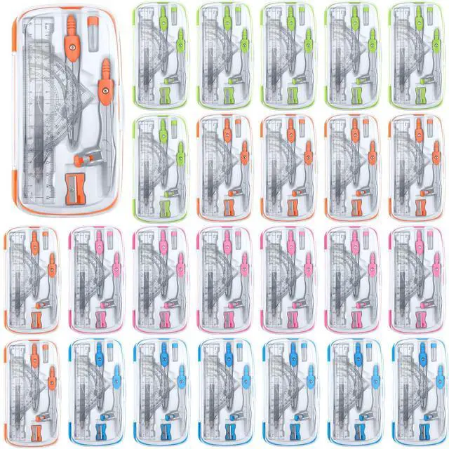 Main image of 24 Sets Math Geometry Kit for Students 10 Pcs Compass Geometry Tools Set Includes Rulers Protractor Compass Eraser Pencil Sharpener Lead Refills Pencil (Multi Color)