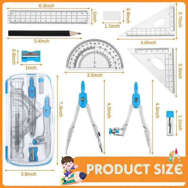 Alt view image 2 of 5 - 24 Sets Math Geometry Kit for Students 10 Pcs Compass Geometry Tools Set Includes Rulers Protractor Compass Eraser Pencil Sharpener Lead Refills Pencil (Multi Color)