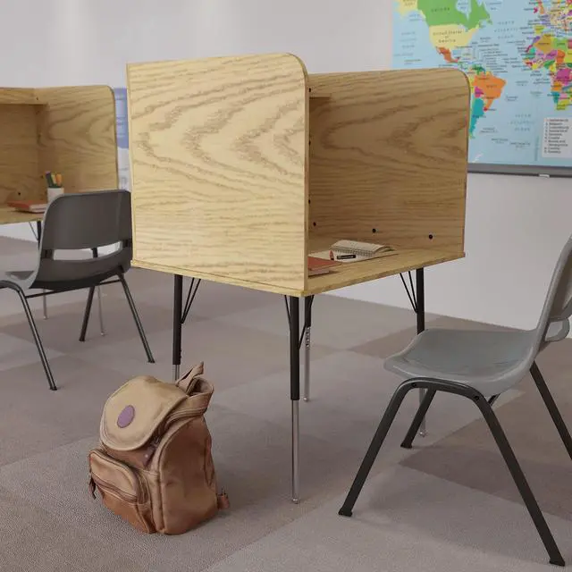 Alt view image 2 of 6 - Justin Study Carrel - Oak Finish with Top Shelf - Height Adjustable Legs - Wire Management Grommet