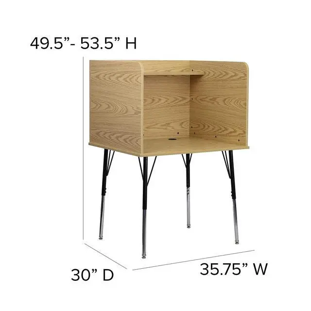 Alt view image 3 of 6 - Justin Study Carrel - Oak Finish with Top Shelf - Height Adjustable Legs - Wire Management Grommet