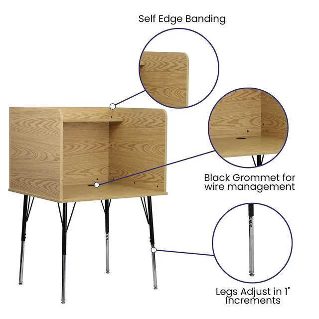 Alt view image 5 of 6 - Justin Study Carrel - Oak Finish with Top Shelf - Height Adjustable Legs - Wire Management Grommet