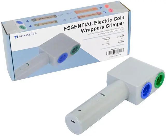 Main image of Electric Coin Wrappers Crimper | Color Coded Coin Wrapper Crimping Tool, Includes 16 Assorted Preformed Coin Roll Wrappers