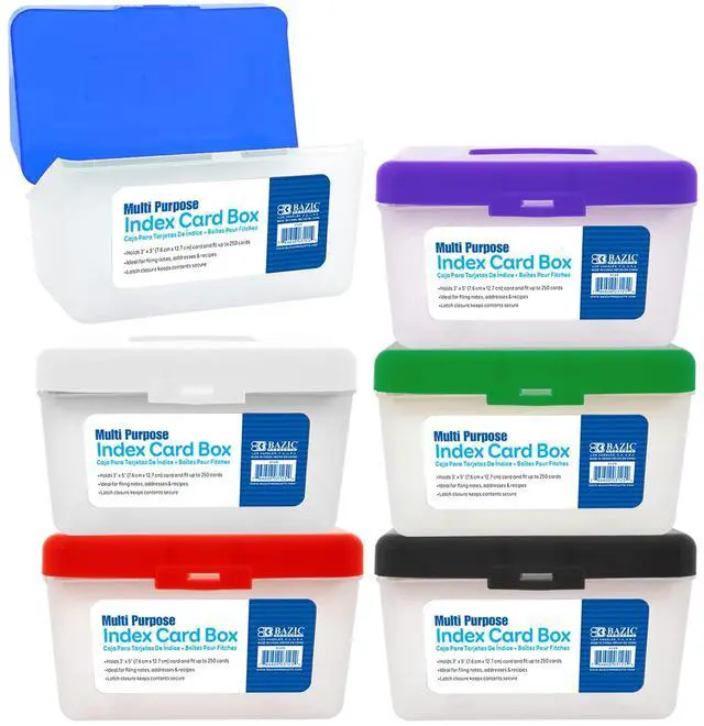 Main image of 3 x 5 in Index Card File Box, Holds 250, 36-Case | latch lid and a translucent body that holds up to 250 cards