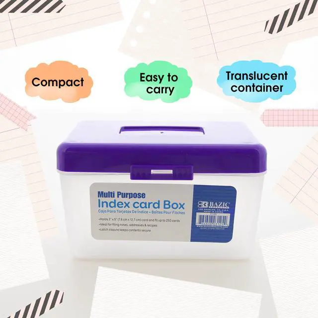 Alt view image 5 of 6 - 3 x 5 in Index Card File Box, Holds 250, 36-Case | latch lid and a translucent body that holds up to 250 cards
