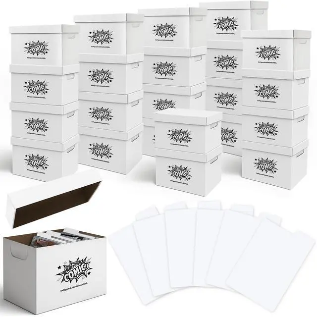 Main image of Book Storage Box | 22 Boxes with 6 Dividers (Each Box Stores Up to 175 Comics) - Short Stackable Design with Dust Protection Lid | Strong Structure & Acid Free Manufacturing