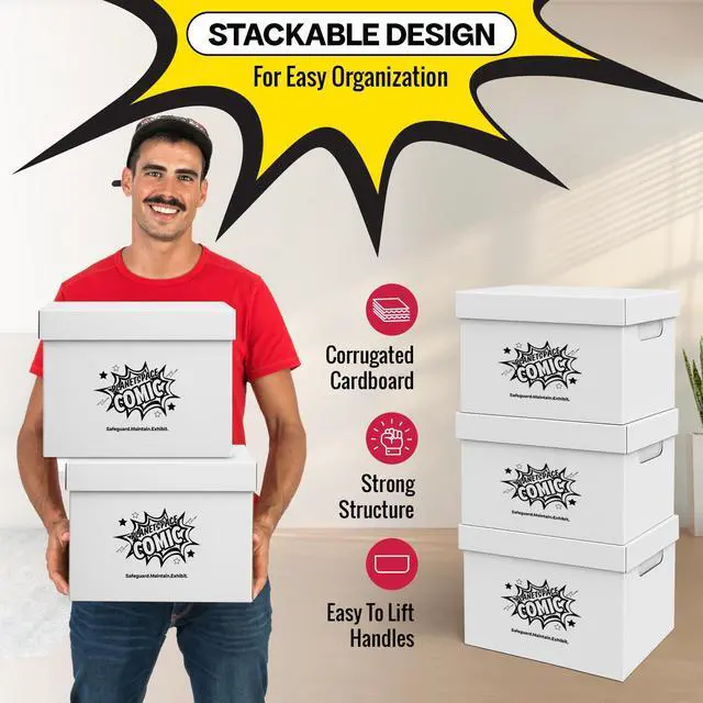 Alt view image 5 of 6 - Book Storage Box | 22 Boxes with 6 Dividers (Each Box Stores Up to 175 Comics) - Short Stackable Design with Dust Protection Lid | Strong Structure & Acid Free Manufacturing