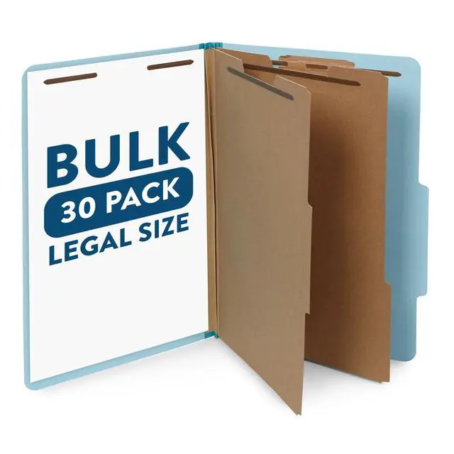 Main image of 30 Light Blue Classification Folders, 2 Divider, Legal | Heavy duty 25pt pressboard, 2 dividers, 6 partitions, 2 in expansion, 2 prong, legal charts, law client files