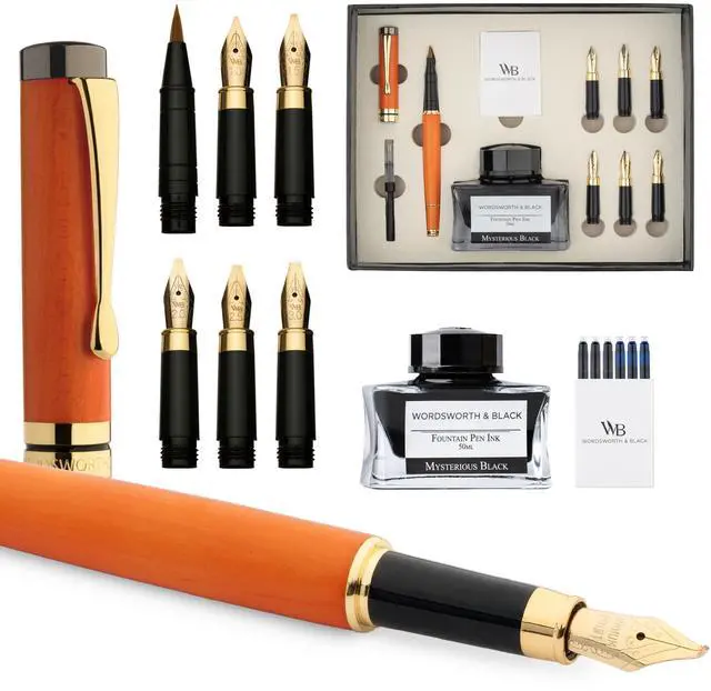 Main image of Luxury Bamboo Cherry Calligraphy Pen Set, 6 Nibs | Fountain Ink Bottle, Cartridges, Refill Converter, Gift for Men, Women, Smooth Writing, Journaling, Lettering